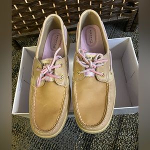 Sperry Topsiders tan leather with pink and white in size 8.5M